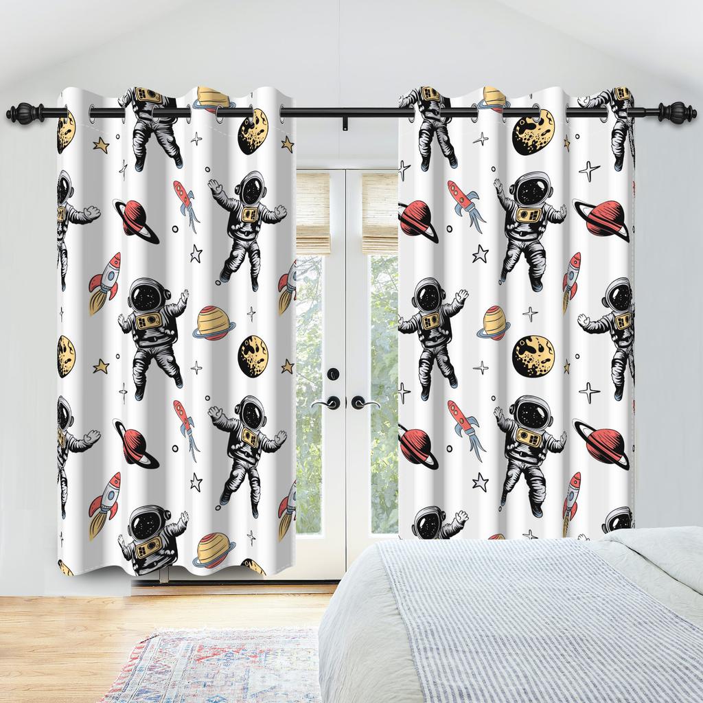 Set mit 2 Vorhängen im Weltraum-Thema Sterne Cartoon Astronomisches Design Kinderzimmer Dekoration Schlafzimmer Wohnzimmer Fenster Vorhänge Verdunkelnd Polyester Ideal
