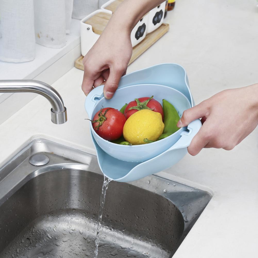 Double-layer Rotatable Draining Basket Draining Basin Kitchen Washing Vegetable Fruit Basin Washing Fruit Basket Draining