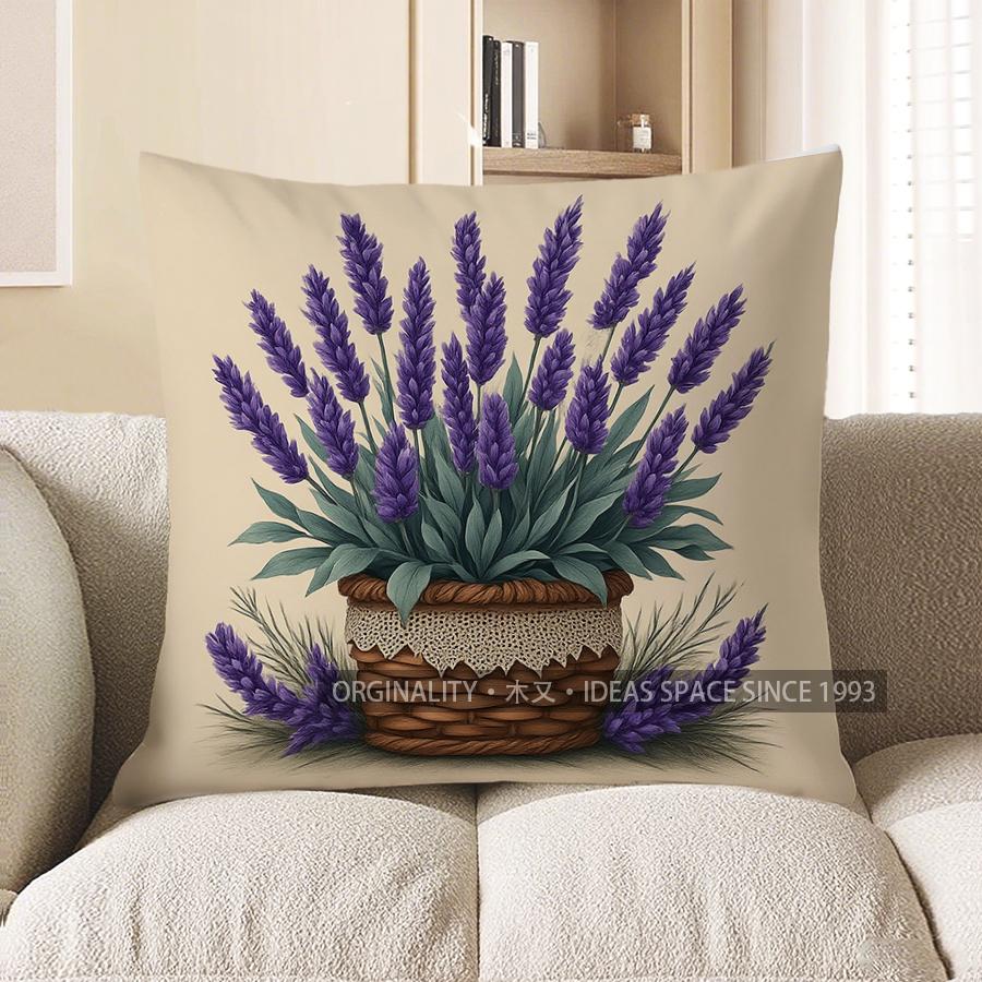 Home Decor Lavender In Basket Decorative Pillow Cover Pattern Cushion Cover Suitable For Sofa Bedroom Car Pillow Cover