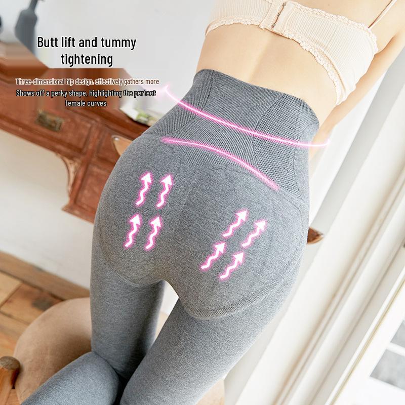 Women's High-Waist Fleece-Lined Cotton Leggings with Tummy Control - Slimming Black Autumn & Winter Pants