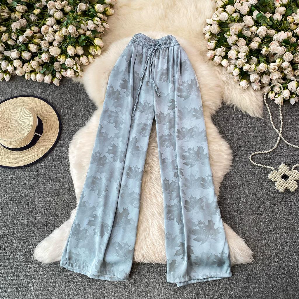 High Quality Ink-wash Acetate Satin Tie-Dye Rayon Wide-Leg Pants for Women Summer High-Waisted Slimming Loose-Fit Trousers