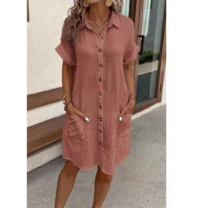 Casual Solid Color Single-breasted Mid-length Short Sleeve Loose Casual Dress Women's Wear
