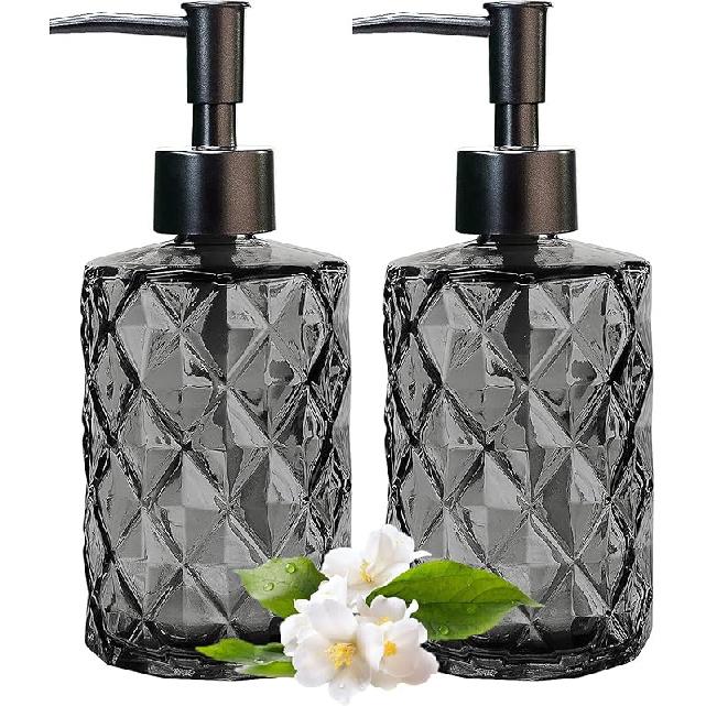 2 Pcs Glass Soap Dispenser Set for Bathroom, 11oz. Glass Soap Bottles with Plastic Pump, Kitchen Dish Soap Dispenser Set, Hand-Pump Dispenser for