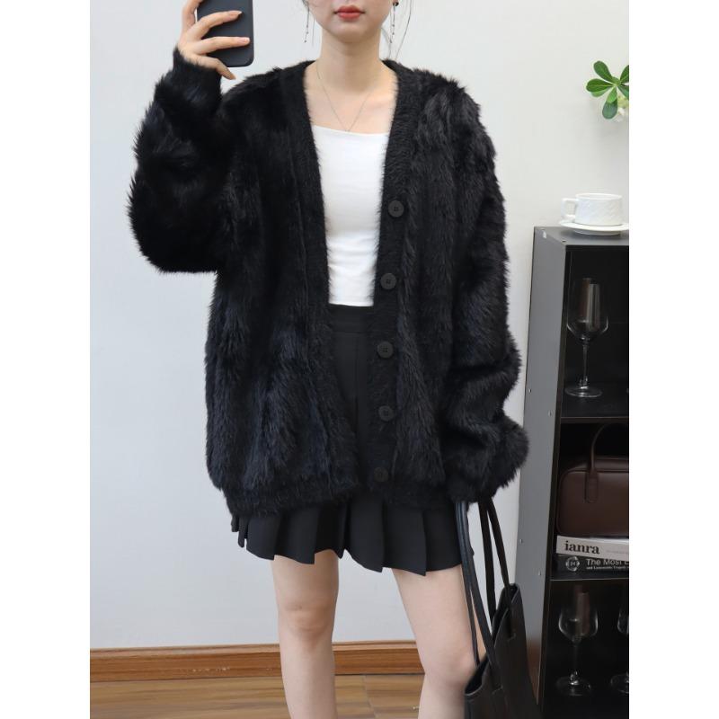 

Кардиган вязаный из искусственного норкового бархата с V-образным вырезом, новый осенне-зимний, свободного и нежного ветра, мягкий ворсистый свитер-жакет для женщин One size чёрный