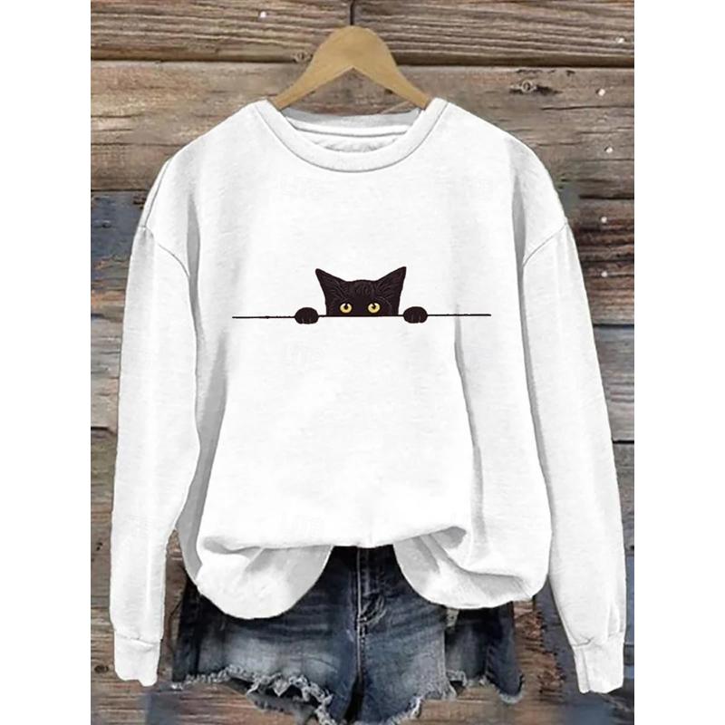 

Женский пуловер с графическим принтом животного кошки, модный, повседневный, с длинным рукавом, круглым вырезом, обычного кроя, уличная одежда для повседневной носки, с принтом, осень-зима 2XL