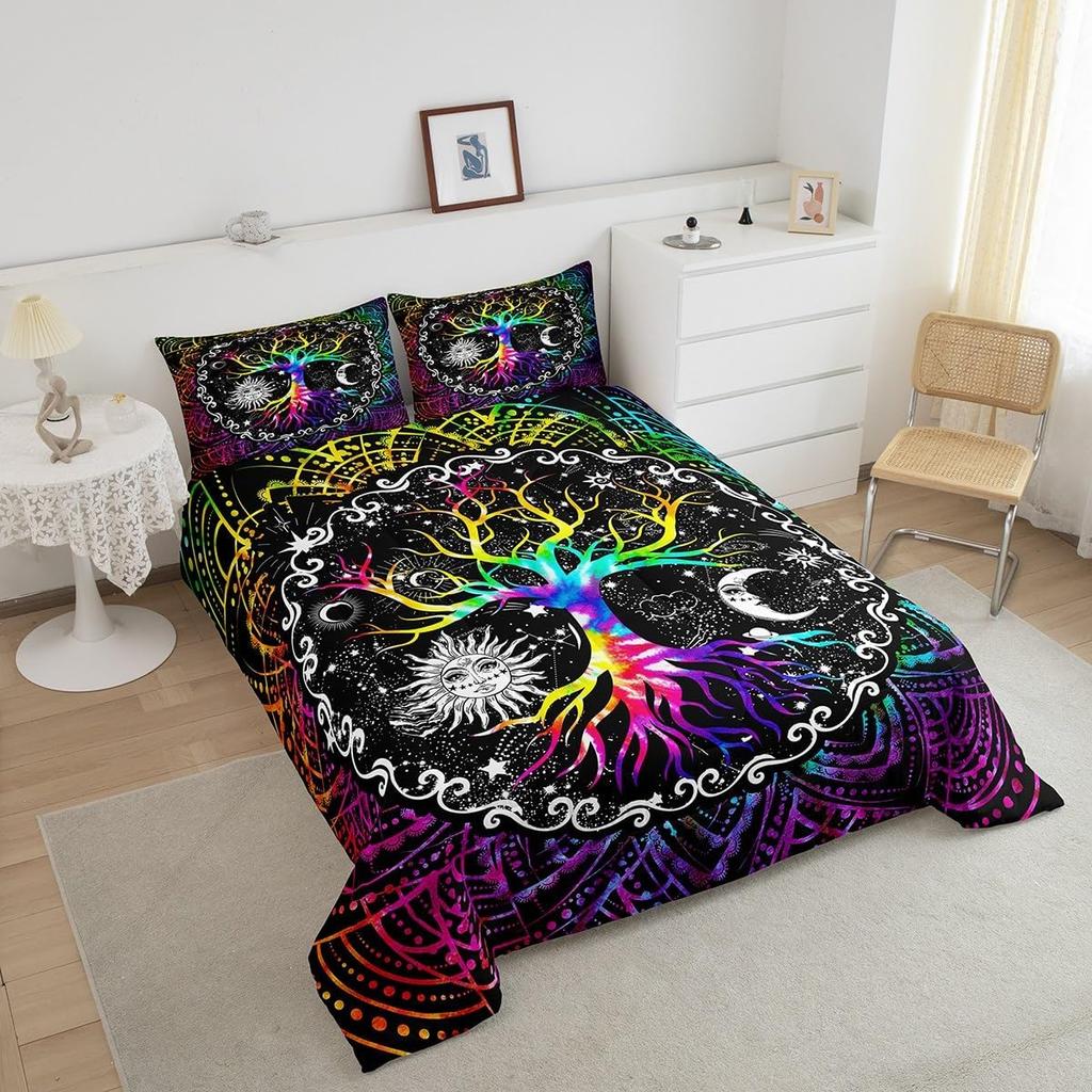 Erosebridal Sun and Moon Comforter Set Queen,Black and White Bedding Set for Kids Boys Girls,Psychedelic Tree of Life Down Comforter,Galaxy