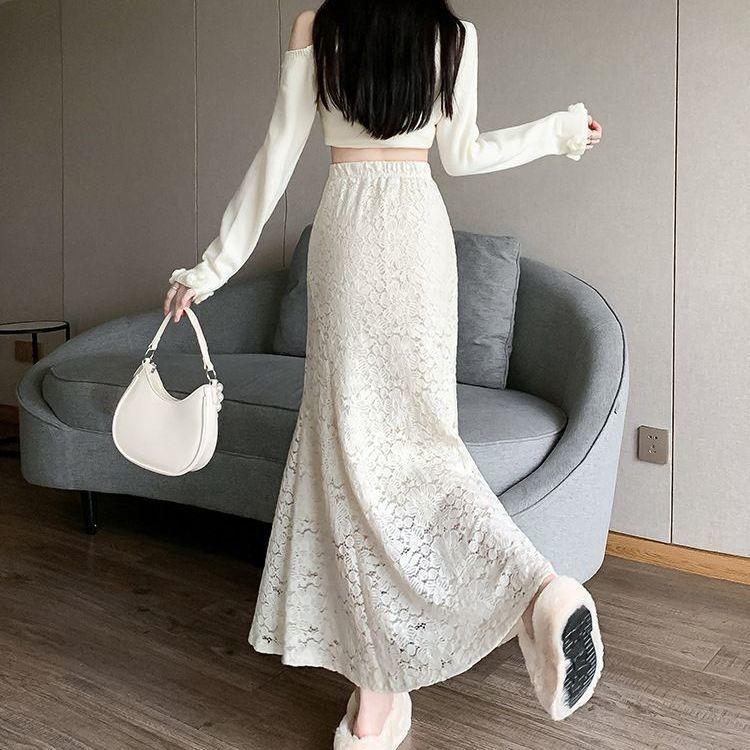Fusta cu coadă de pește din dantelă pentru femei, cu talie înaltă, fustă subțire, cu șold, toamnă, primăvară, elegante, fuste lungi