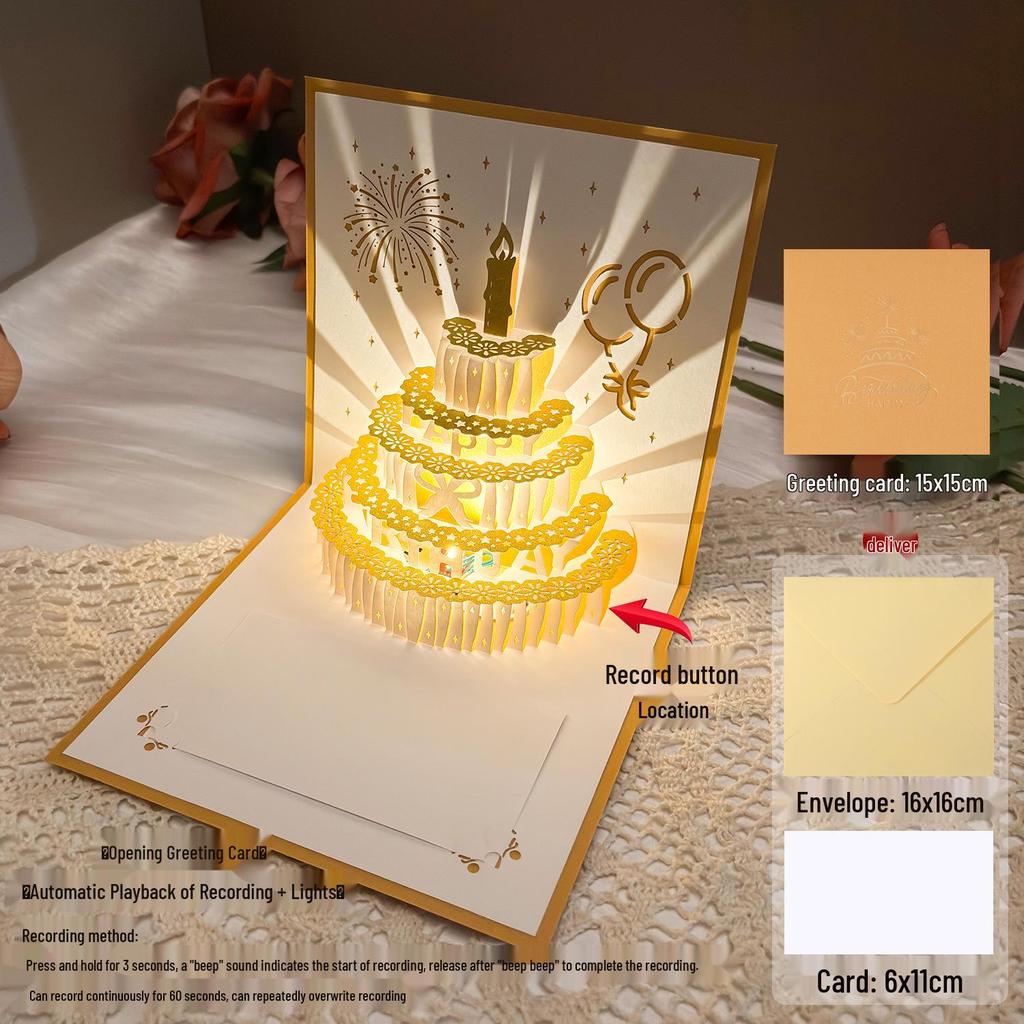 Dźwiękowa kartka urodzinowa 3D Pop-Up ze światłem do nagrywania - Wzór tortu na prezent dla chłopaka/dziewczyny
