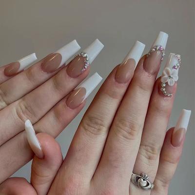 Nail Art Piece Long White French Wearable Nail Sticker Three-dimensional White Flower Rhinestone Wearable Nail Piece Finished Product