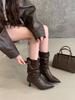 Temperament Pleated Pile Boots Women's 2025 Autumn and Winter New Pointed Thin Heel Medium Boots Belt Buckle High Heel Skinny Boots
