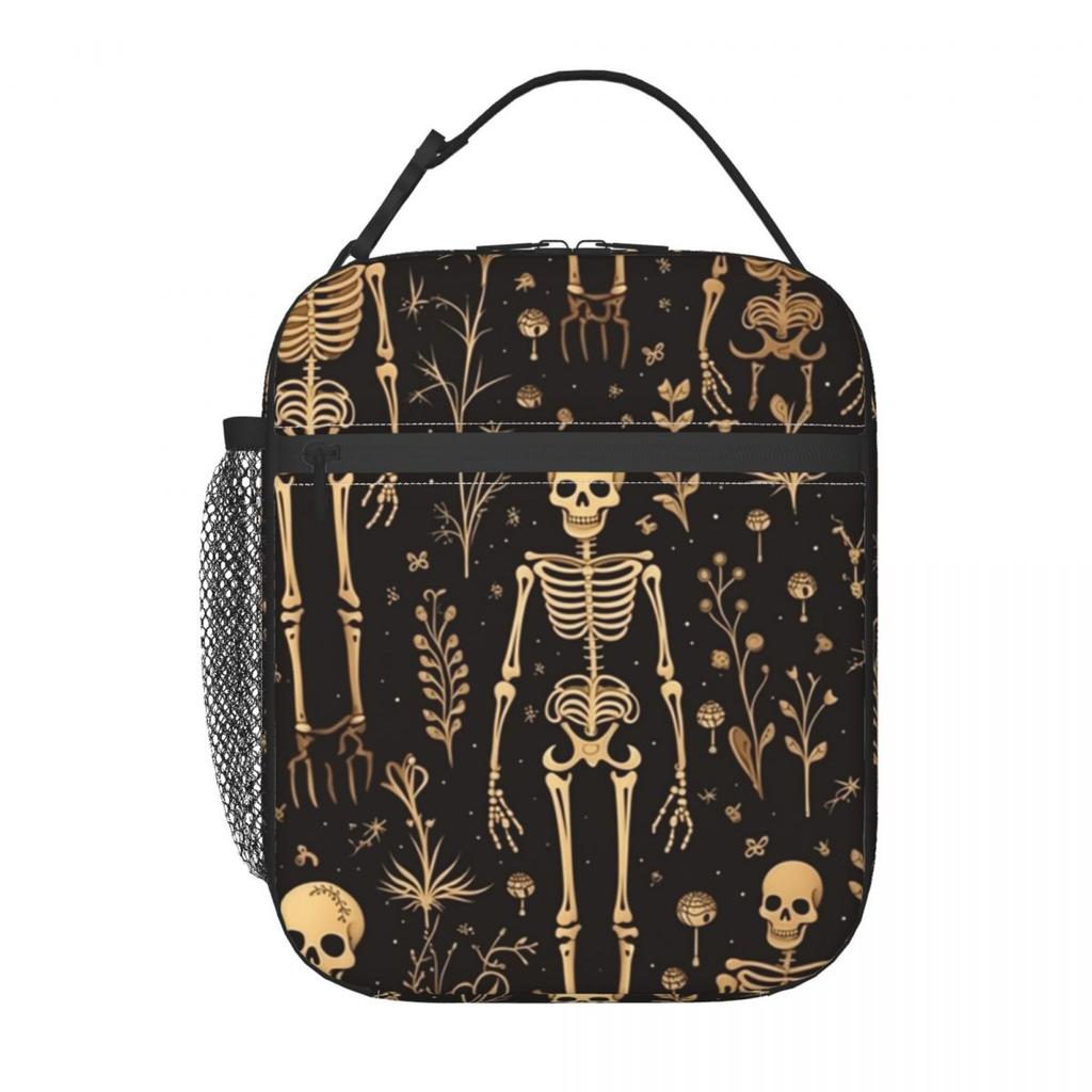 Black Skull Skeleton And Flower Insulated Lunch Bag for Women Kids Leakproof Food Boxes Thermal Lunch Box Tote