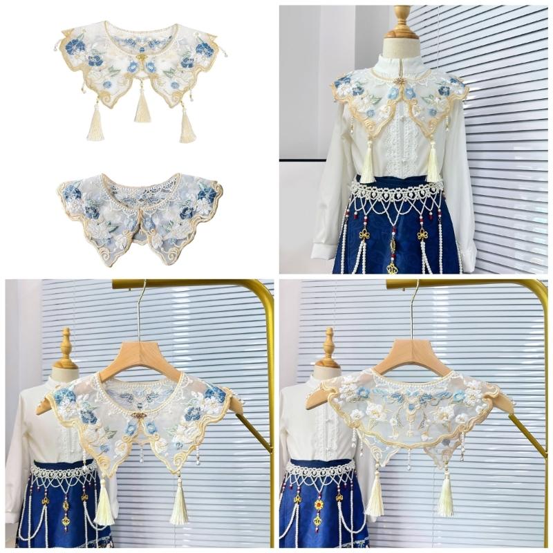 Embroidery Flower Capelet Women Girl Pearl Tassels Yunjian Shawl False Collar