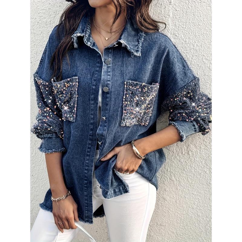 2025 Lapel Contrast Sequin Fringe Hem Denim Jacket