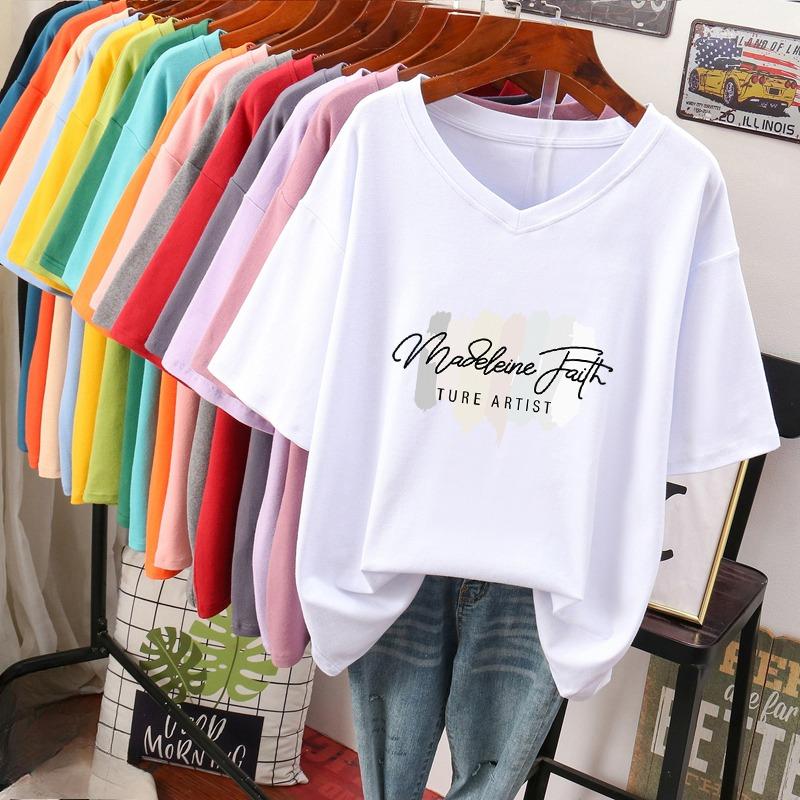 

Футболка с коротким рукавом, Свободного кроя, Приталенный топ с V-образным вырезом с принтом для женщин 5XL