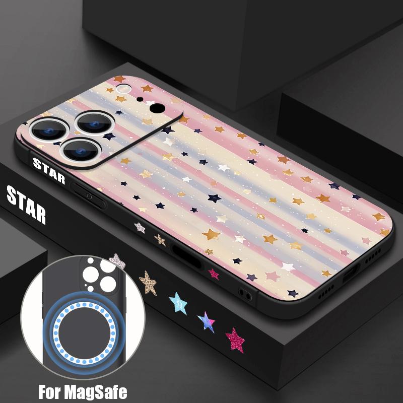Magnetic For Magsafe Case For iPhone 17 Pro Max Colorful Stars Stripes Print Soft Silicone Phone Back Cover For iPhone 16 15 14 13 Pro Max 16e 17e