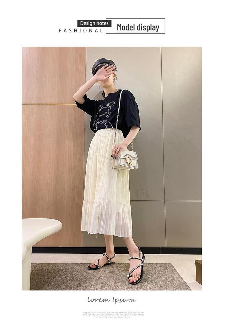 Women's 2024 Summer Rhinestone Pearl Flat Sandals - Korean Style Temperament Casual Shoes