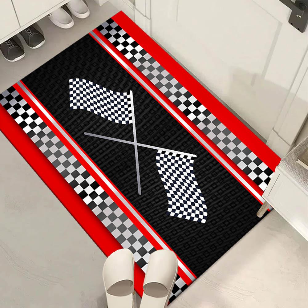 Retro Rennflaggen Teppich, Kariertes Design Rutschfeste Fußmatte für Man Cave Garage Schlafzimmer, Motorsport-Enthusiasten Dekor Teppich