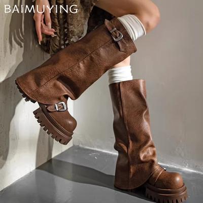 Platform Chunky Women High Boots Fad Buckle Leather Mid Heels Shoes 2025 Trend Designer Knee High Mortorcycle Winter Botas Mujer