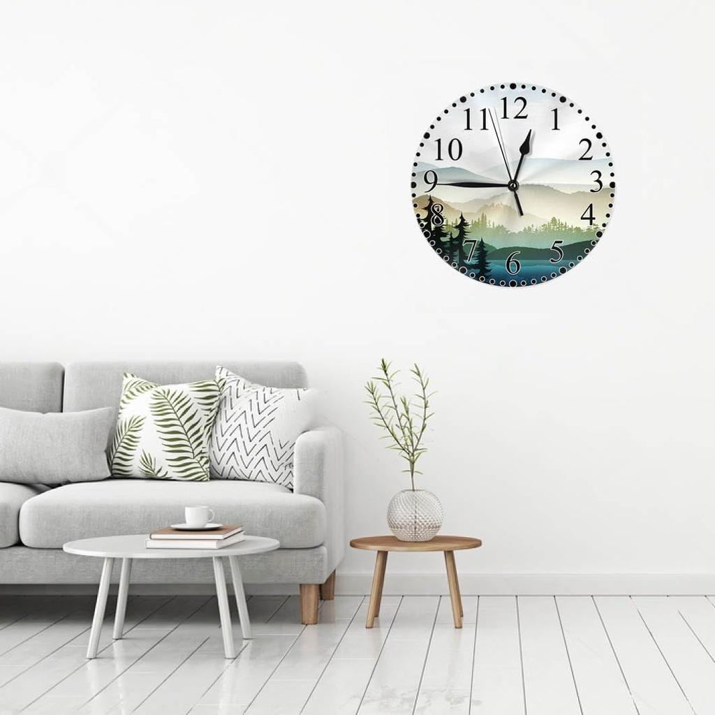 Nature Landscape Wall Clock Mountain and Lake Natures Hills, Tree In Rivers Clock 10 Inch Silent Non-Ticking Clocks Battery Operated for Home Living