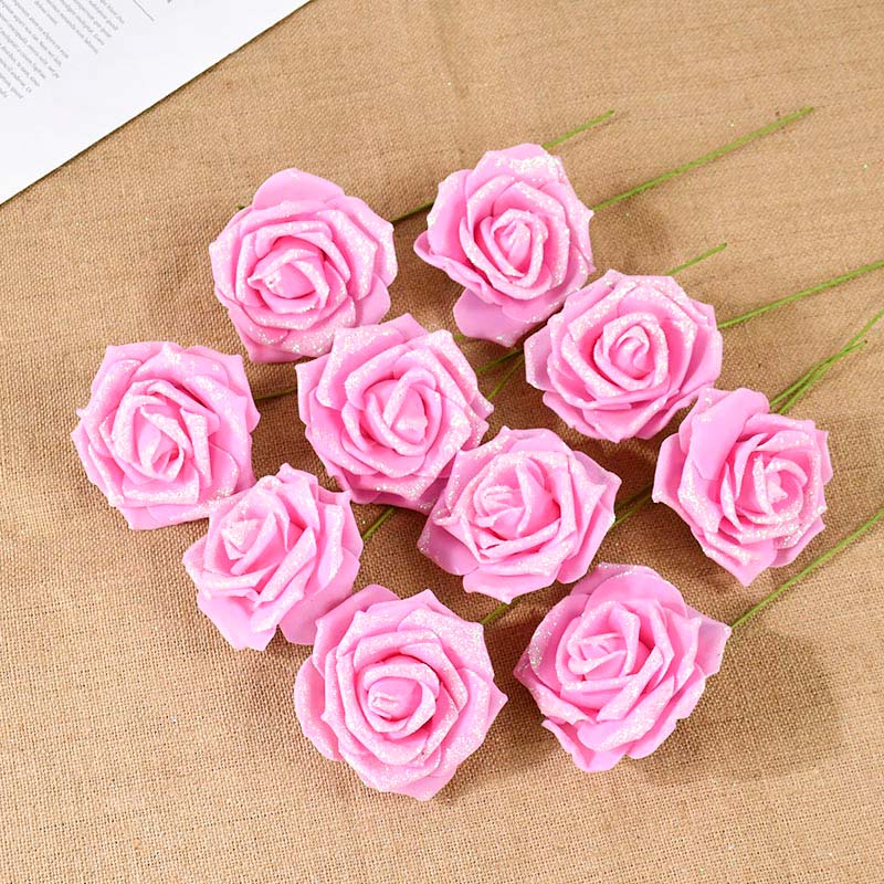 10/20 Stück Glitzer Künstliche Rosenblumen mit Stiel Blätter DIY Hochzeitssträuße Geburtstagsfeier Heimdekorationen DIY Bastelkranz