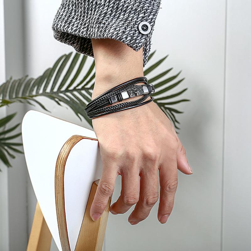 Men's Multi-layer Woven Leather Bracelet, European and American Punk Stainless Steel Lion Head Bracelet, Men's Leather Rope Bracelet.