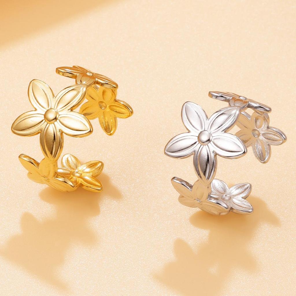 18K Gold-Plated Stainless Steel Flower Ring – Elegant, Versatile Open Design for Women