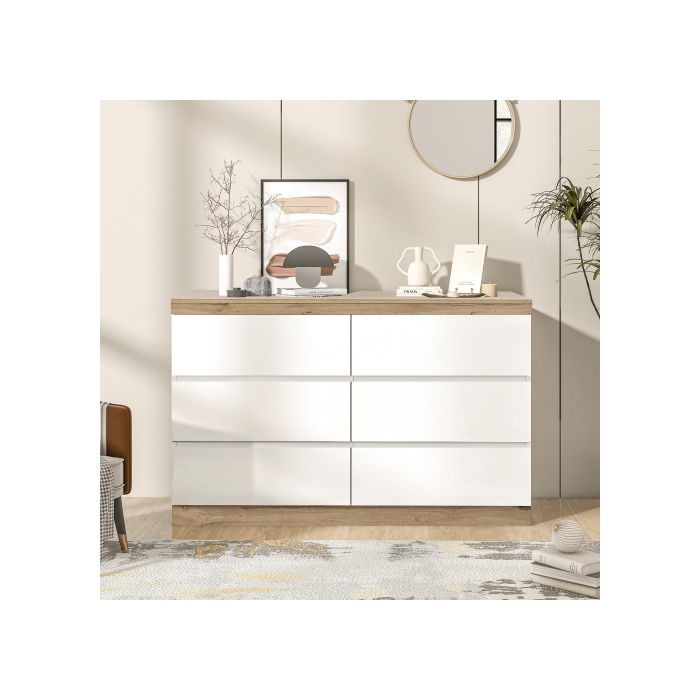 Commode Avec 6 Tiroirs, Casier, Fonction De Rangement, Pour Chambre Et Salon, Panneau De Particules E1, Blanc+oak