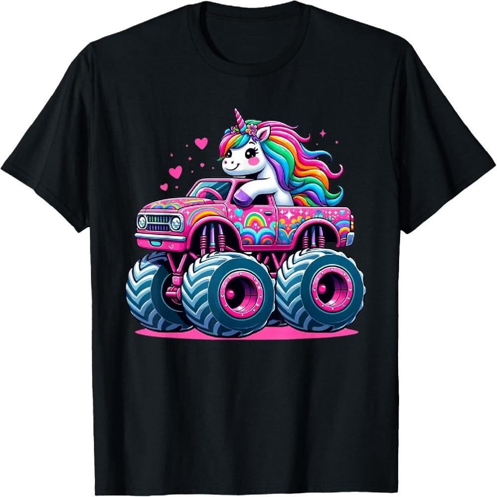 

Забавная милая футболка с единорогом, едущим на розовом монстр-траке S чёрный