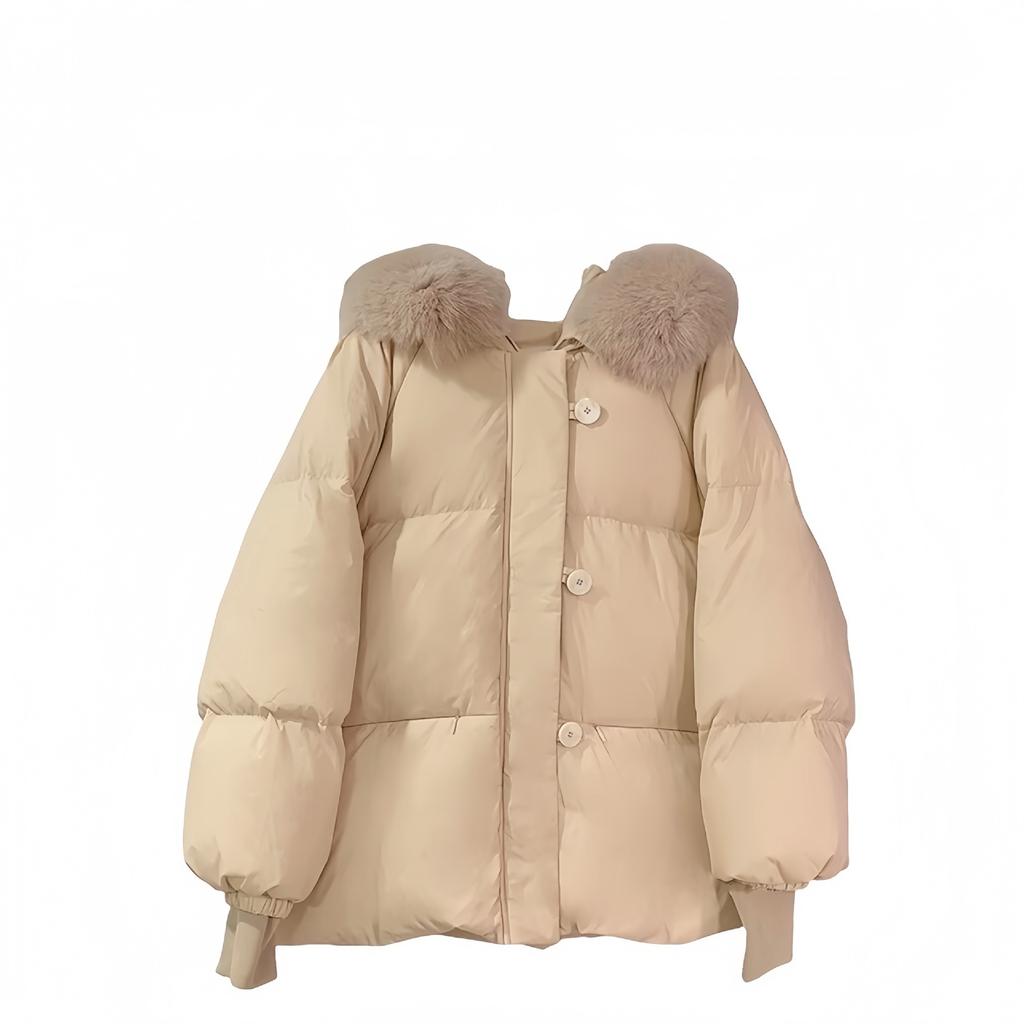 Milk Yellow Hooded Big Fur Collar Down Jacket Women's Winter Foreign Style Small Man 90 White Duck Down Thickened Bread Jacket