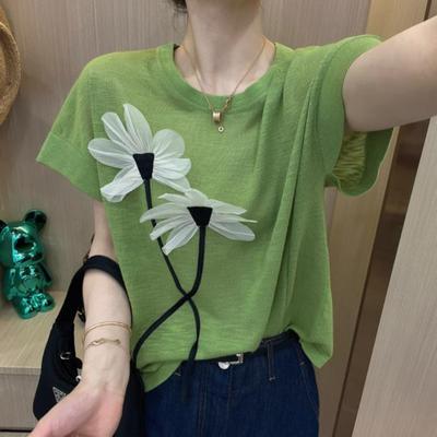 Tricou cu mânecă scurtă din mătase de gheață, ocazional, cu mânecă scurtă, cu design de modă pentru femei Sense, cu flori solide, cu decolteu O, cu imprimeu
