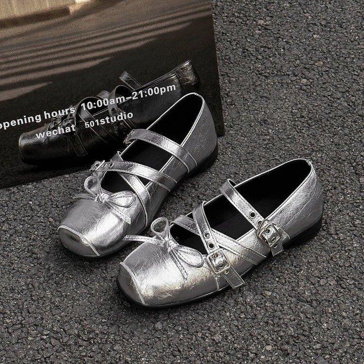 Mary Jane silver bow small single shoes women's 2025 new skirt French light mouth flat ballet shoes single shoes