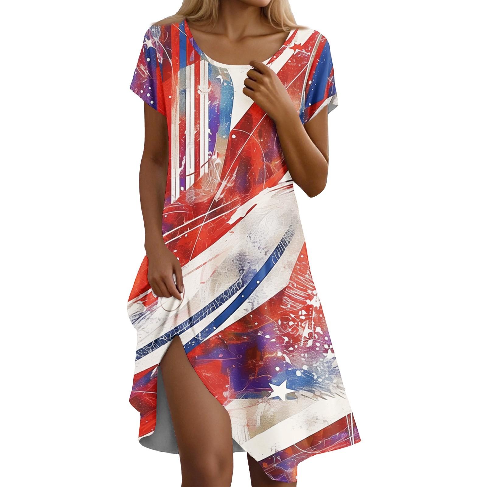 

Short Sleeve Boho Dress For Women Casual Loose Fit Summer Sundress Print Dress With Pockets S