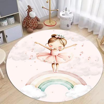 Ballerina Princess Round Carpet Mat Rug Dreamy & Enchanting Home Decoration with Pink White Tone for Kids Room Playroom