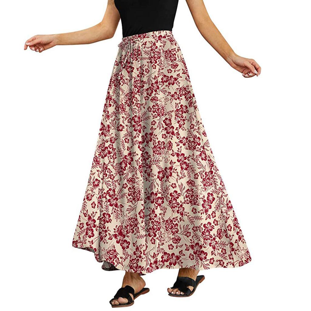 Yousheng Maxirock Verstellbarer Kordelzug Elastischer Hoher Bund Langer Rock mit Großem Saum Blumendruck Taschen Damenrock