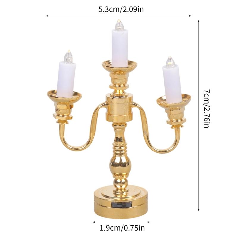 Antique 3 Arm Miniature Table Lamp Model Figurine for Doll House Living Room and Bedroom Decoration Scene Arrangement