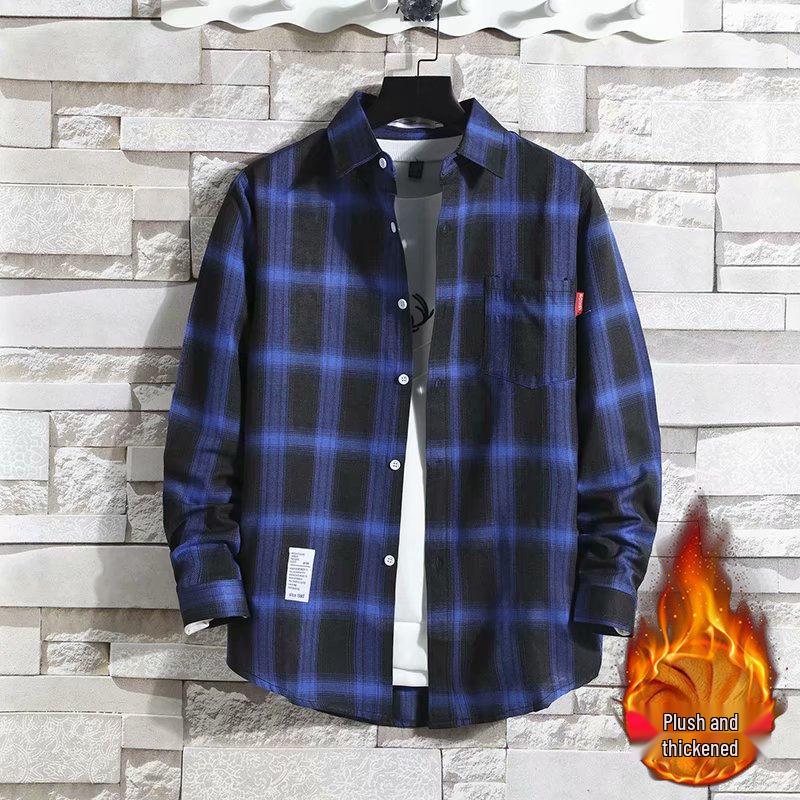 Men's Slim-Fit Fleece-Lined Plaid Button-Down Shirt - Korean Style Warm Casual Top