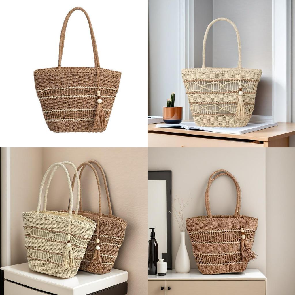 Simple Color Blocking Ripple Pattern Women Woven Tote Bag For Casual Daily Use