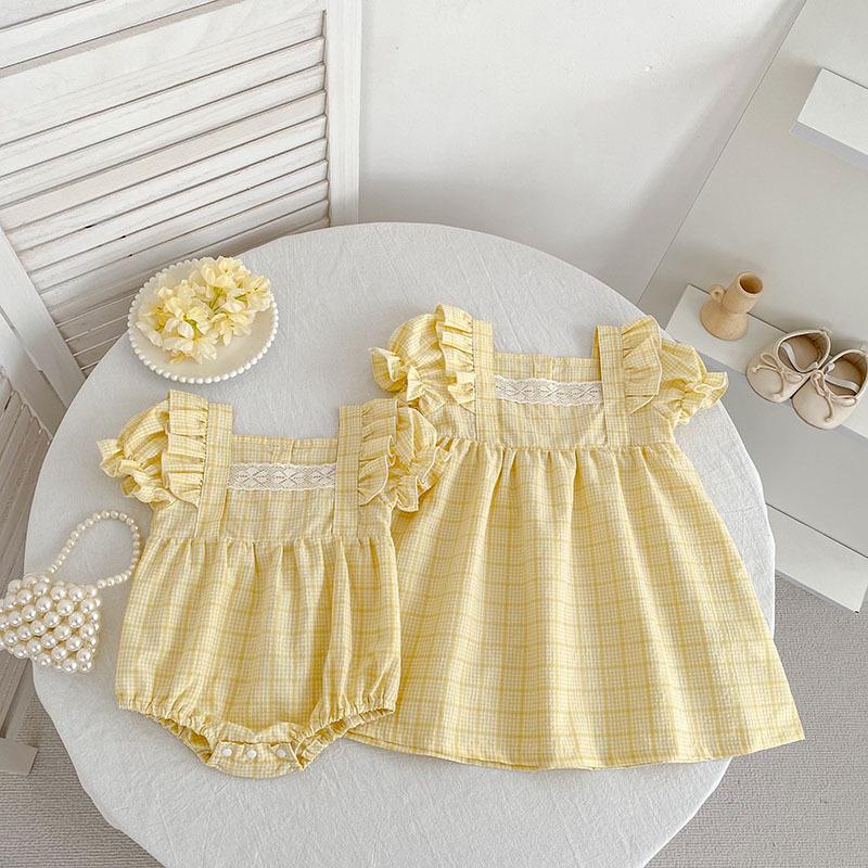 Sommer kariertes Prinzessinnenkleid & Baby Strampler Geschwister Outfits
