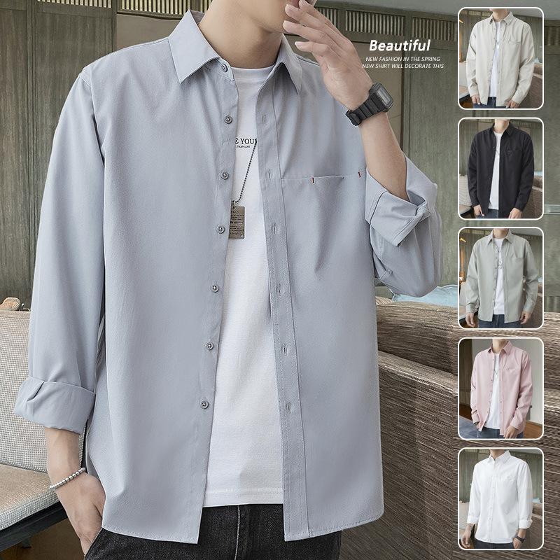 Men's Long-sleeved Shirt Spring Casual with Lined Clothes Korean Version of The Trend Spring and Autumn Shirt Coat