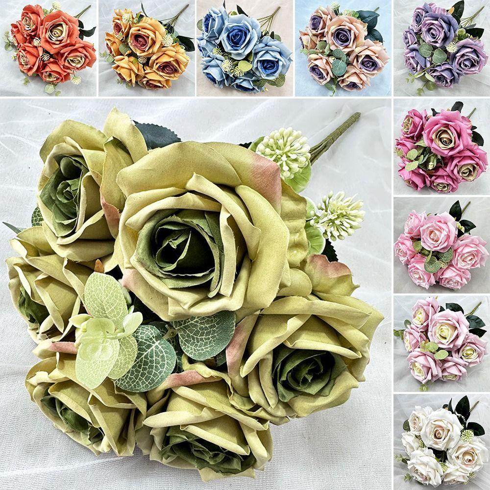 Silk Petal Artificial Flower Rose Multicolor Faux Eucalyptus Leaves  Gift