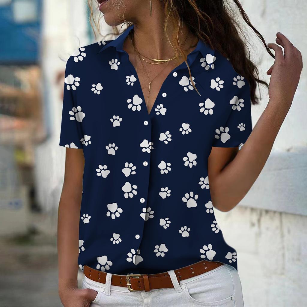 2025 Summer New Fashion Women's Dog Claw Printed Short Sleeve V-neck Casual Button-down Shirt Top