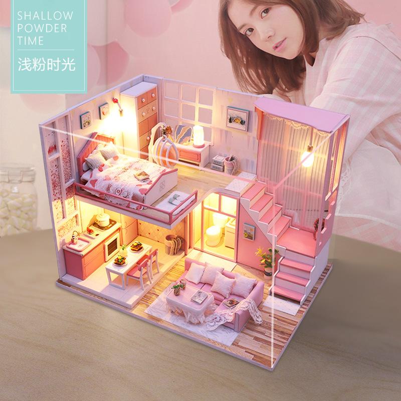 New Creative Villa Model Hut, Wooden Diy Hut Hand-Assembled Toy Gift Light Pink Time Loft