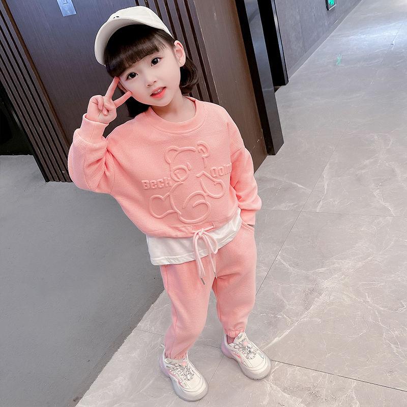 Girls Autumn Waffle Knit Long Sleeve Sweatshirt And Casual Pants Set Trendy Two Piece Outfit For Big Kids