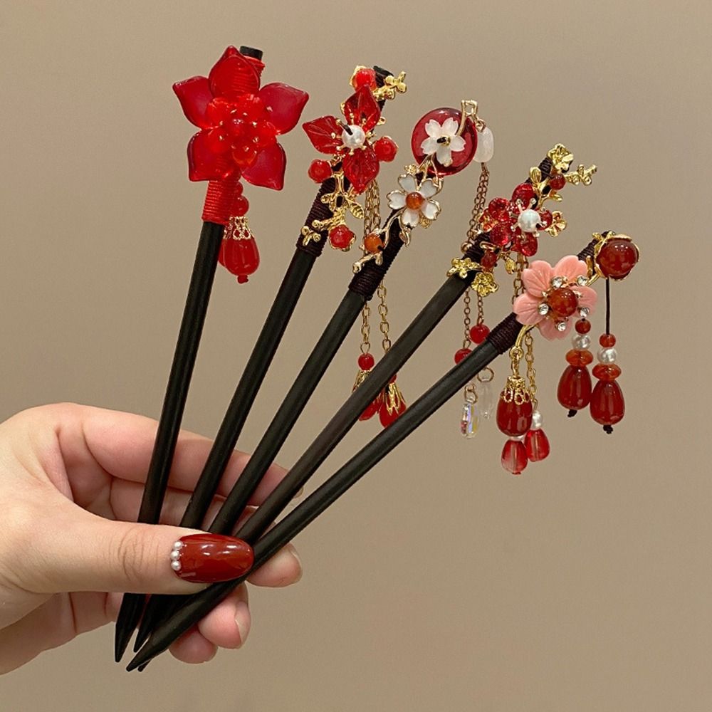 Red Hanfu Hairpin Tassel Wooden Hair Stick Classical   Hanfu Accessories