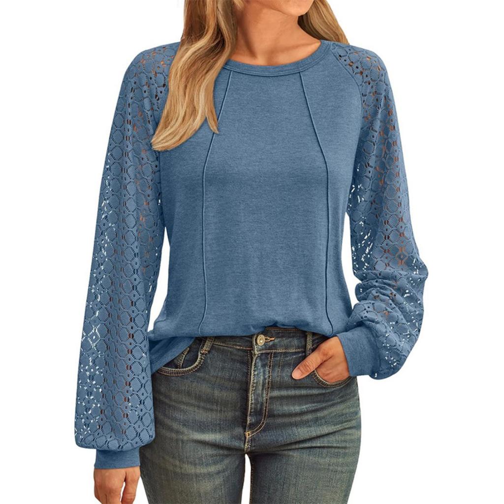 New Women's Long Sleeve Crew Neck T-shirt Lace Patchwork Top, European & American Style Casual Blouse for Crossborder