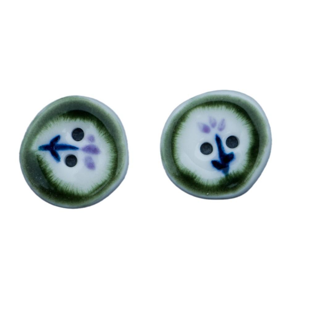 20mm Irregular Round Green Floral Ceramic Button for Clothing Accessories, Handmade in Jingdezhen.