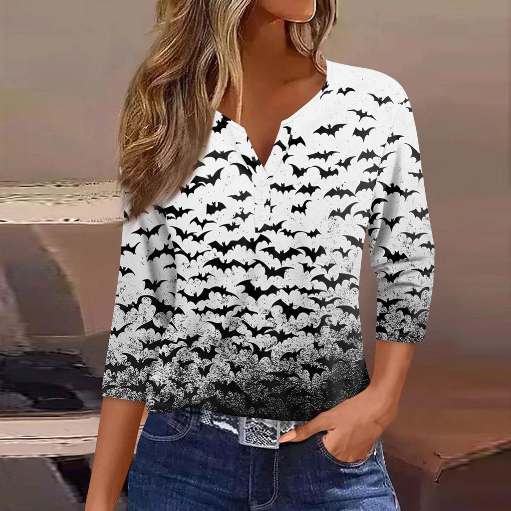 Women's Fashion Casual T-Shirt V-Neck Seven Sleeve  Printed Button Top