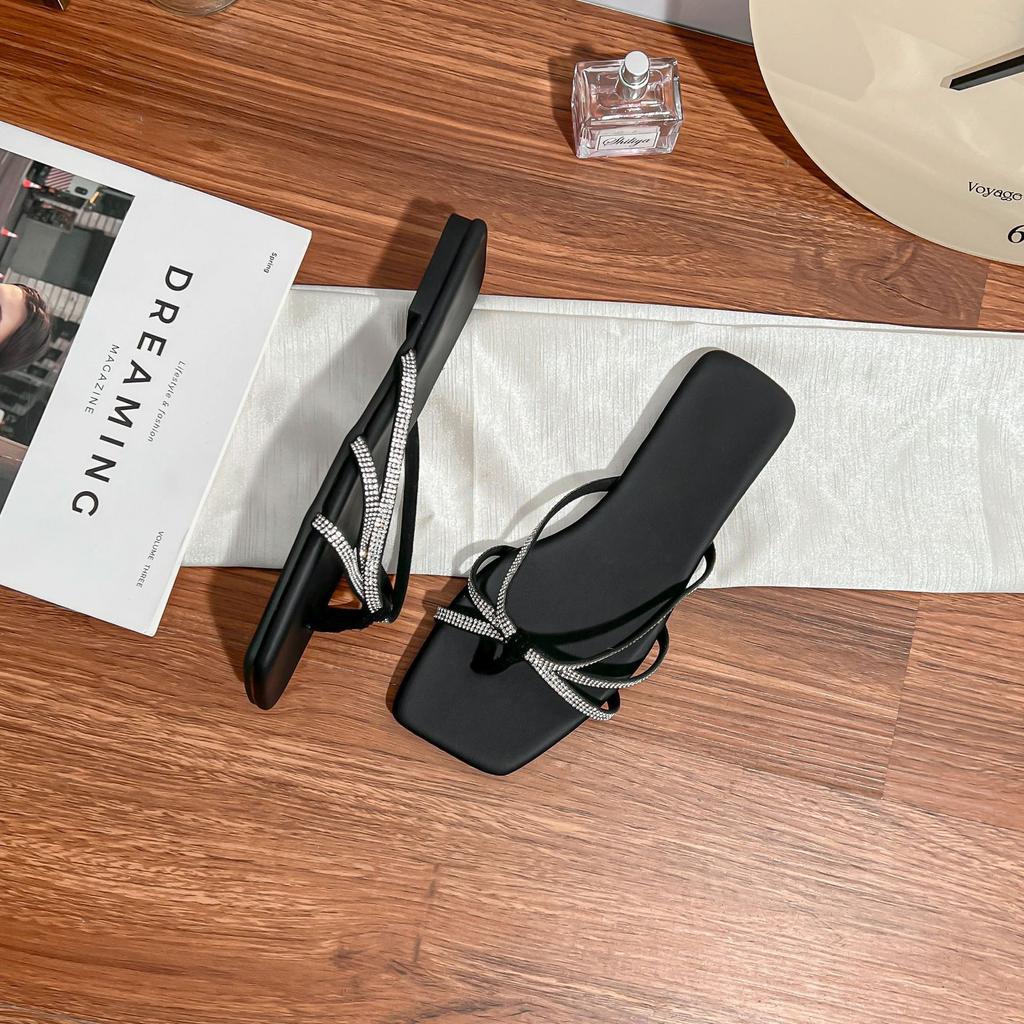 Yuanlitong summer new flat sandals women's rhinestone sparkling thin strap open-toed square head slippers sexy outer sandals