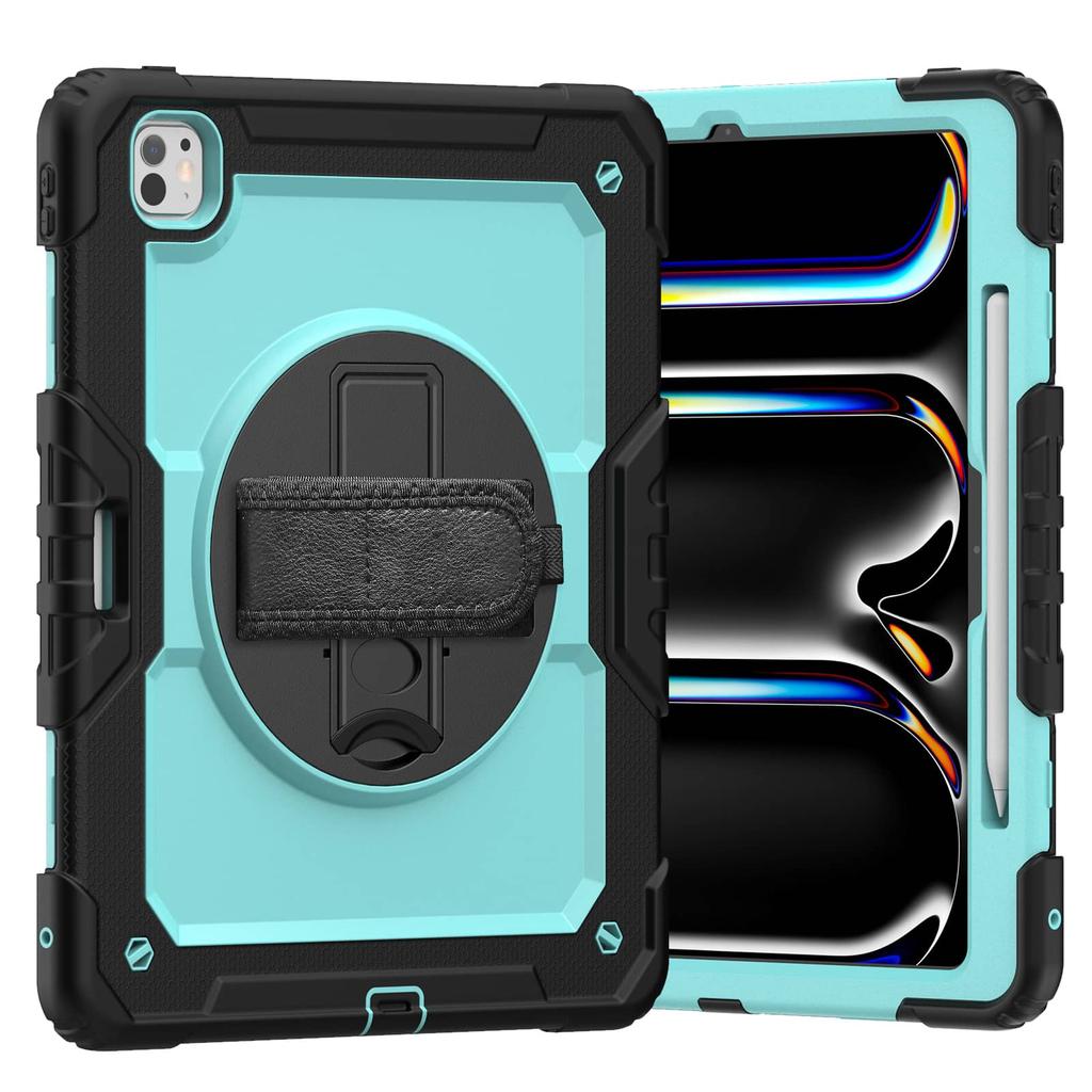 For iPad Pro 13-inch (M4) 2025, Military Grade Shockproof Protector Silicone Cover with Pencil Holder+Handle Shoulder Strap Case