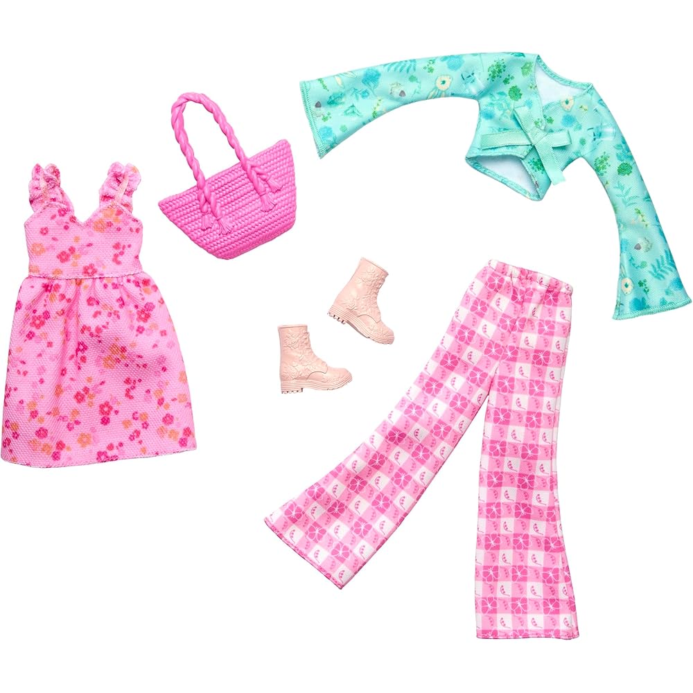 Barbie Fashion 2-Pack Flower Dress and Pants Set Doll Clothes and Accessories for 3 Years and Up Pink HRH43